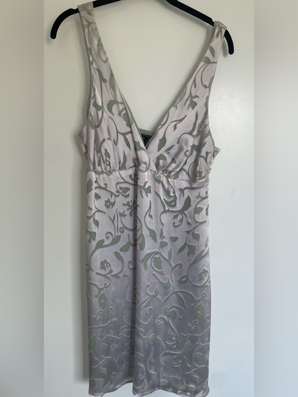 Tina Hagen V-Neck Satin Dress with Sage Floral Burnout